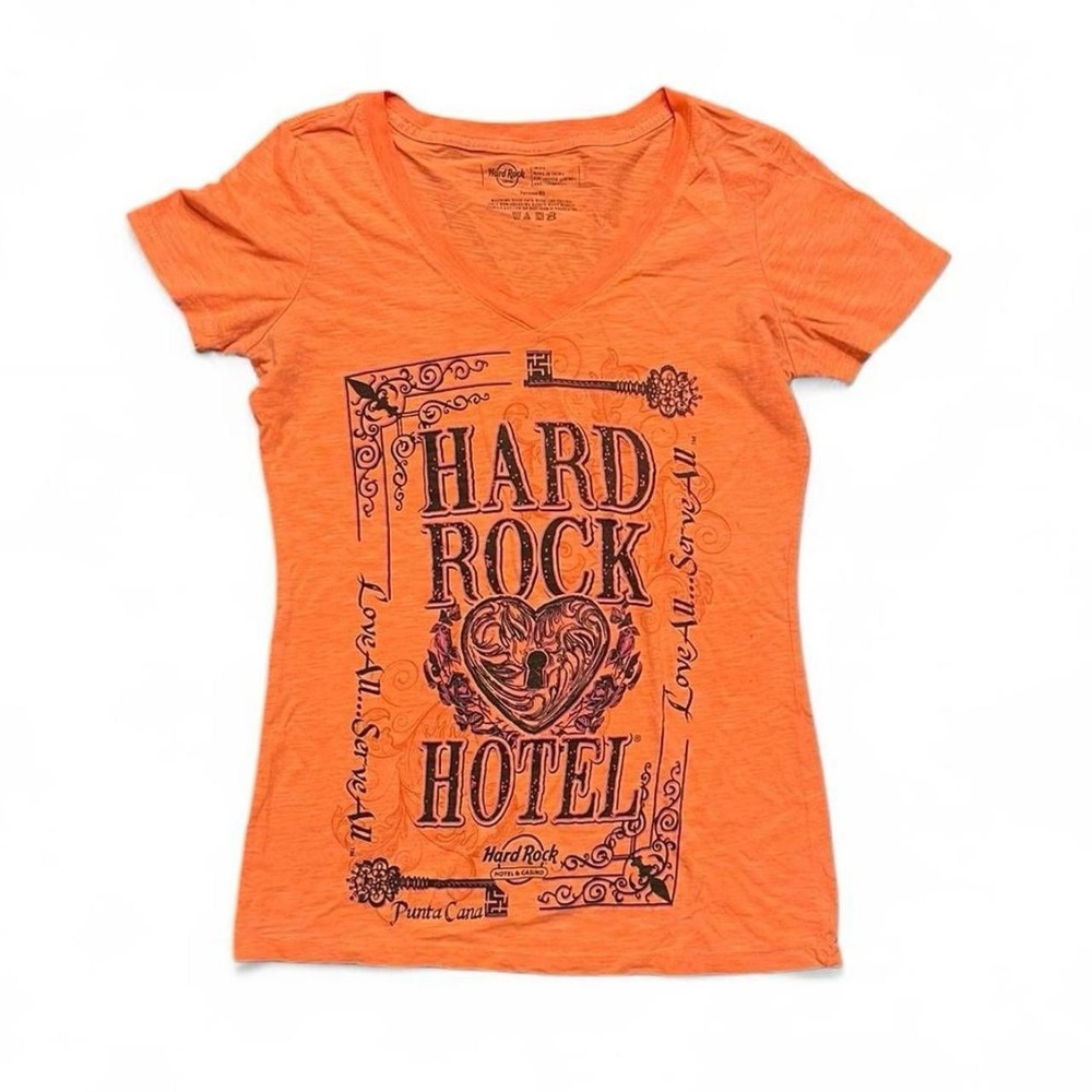 Hard Rock Hotel T Shirt Womens Small Orange Excellent Punta Cana V-Neck Graphic